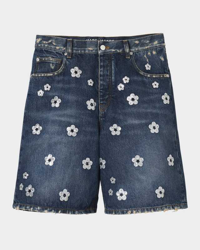 Daisy Sequined Wide-Leg Denim Bermuda Shorts